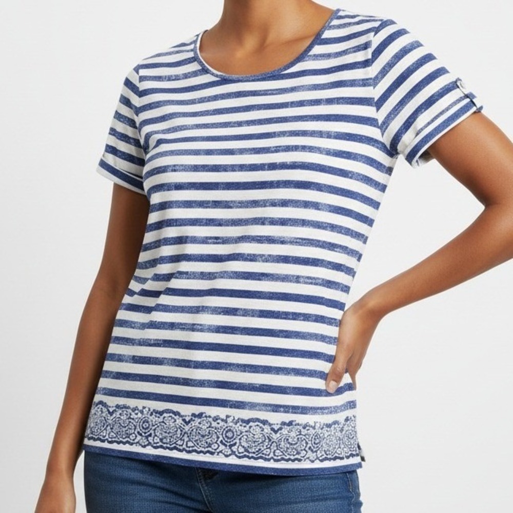 Chico's Women Striped Border Print Top 100% Cotton Casual Blue White Size 1